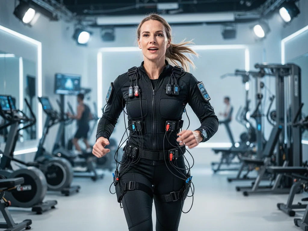Kobieta w profesjonalnym stroju do treningu EMS wykonuje ćwiczenia w nowoczesnym studiu fitness.