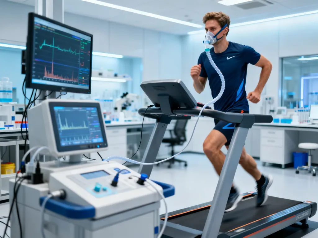 Biegacz w masce wysiłkowej na bieżni w nowoczesnym laboratorium sportowym podczas badań wydolnościowych