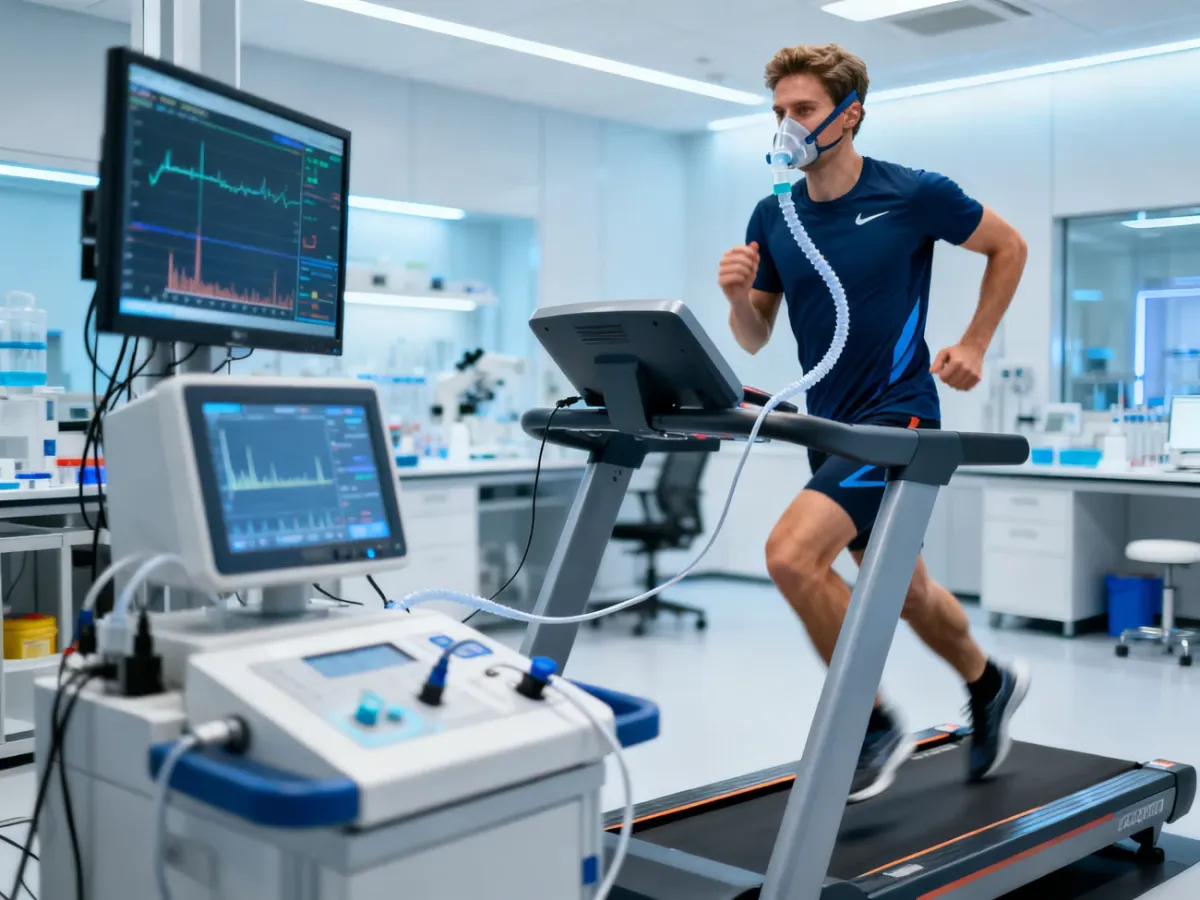 Biegacz w masce wysiłkowej na bieżni w nowoczesnym laboratorium sportowym podczas badań wydolnościowych