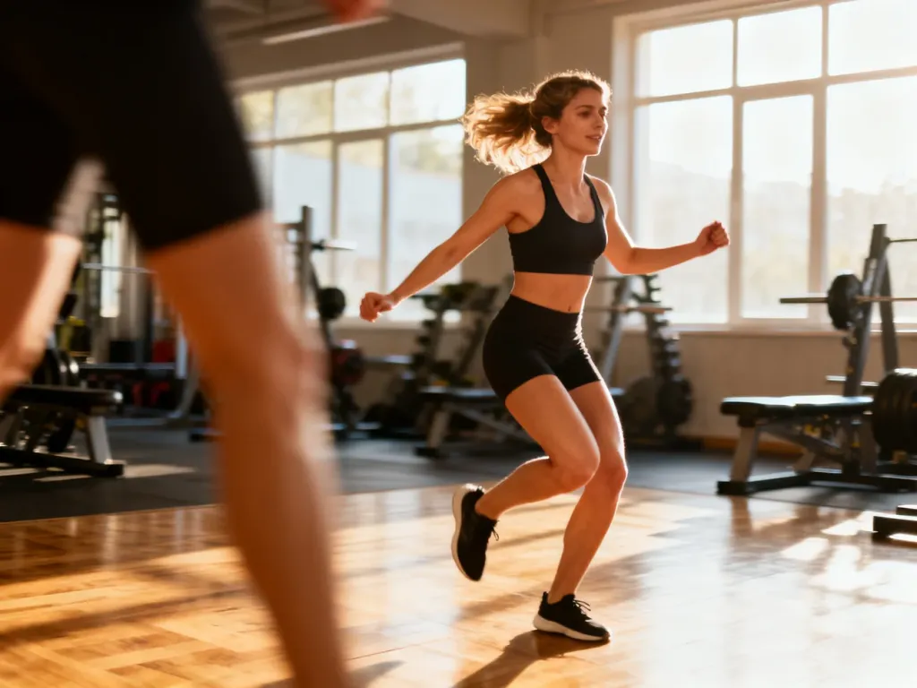 Kobieta wykonująca pajacyki w nowoczesnej siłowni, ilustrująca dynamiczny trening cardio.