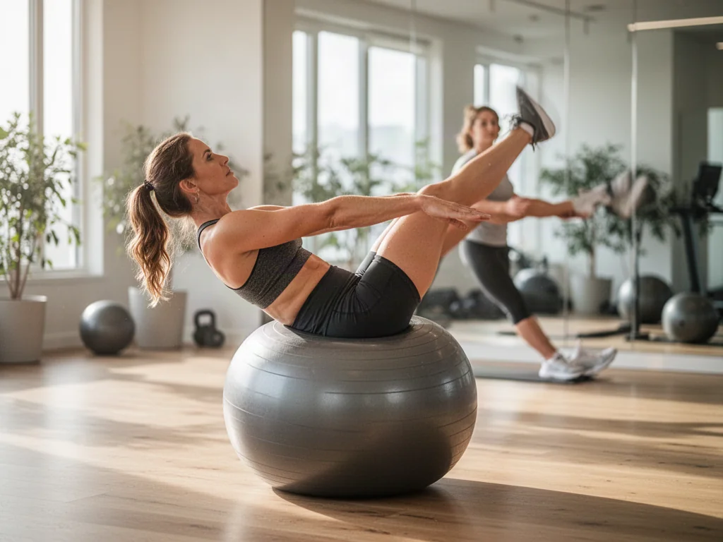 Kobieta w stroju sportowym wykonuje ćwiczenia na szarej piłce gimnastycznej w nowoczesnej, słonecznej sali fitness.