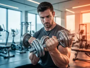 Kobieta w stroju sportowym wykonuje ćwiczenia na szarej piłce gimnastycznej w nowoczesnej, słonecznej sali fitness.